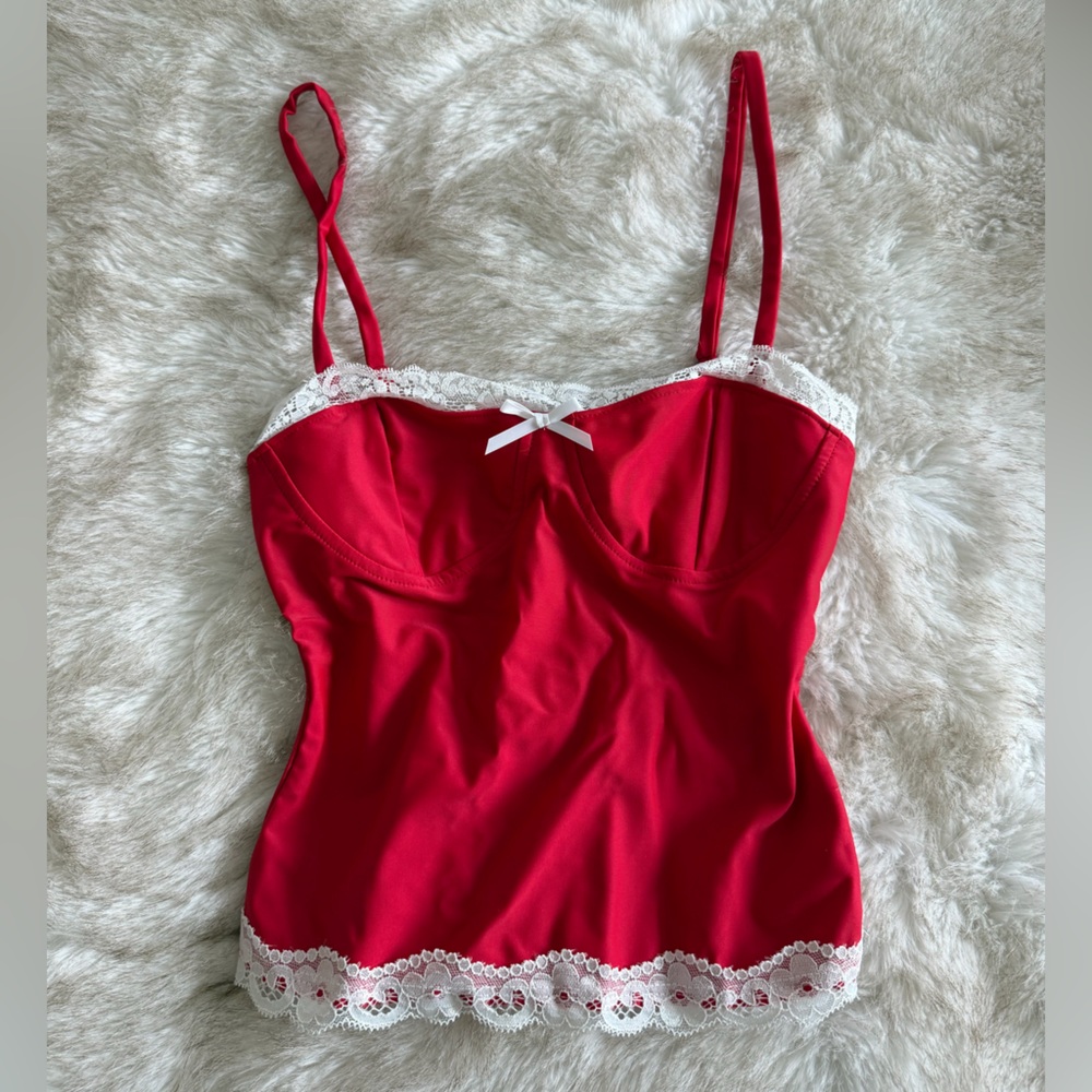 Fashion Nova Red Lace Trim Tank Top